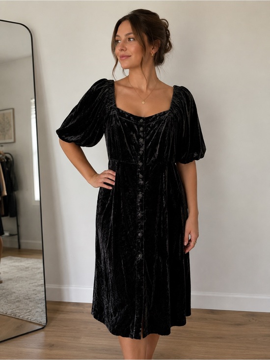 J. Crew Dresses & Skirts - J.Crew Black Velvet Puff Sleeve Midi Dress Cottagecore Gothic Size 10 Office